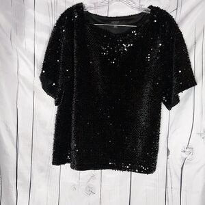 Ann Taylor Black Sequin Short Sleeve Festive Party Top